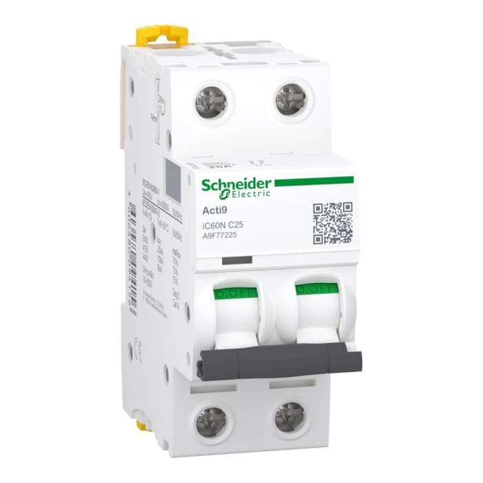قاطع الدائرة المصغر من شنايدر إلكتريك، Acti9 IC60N، ثنائي القطب، 25 أمبير، منحنى C، 6000 أمبير