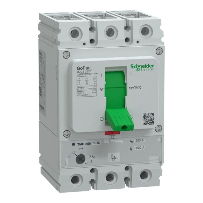 قاطع دائرة كهربائية من شنايدر إلكتريك، طراز GoPact MCCB 250، ثلاثي الأقطاب، 36 كيلو أمبير عند 415 فولت تيار متردد، تصنيف 250 أمبير، وحدة فصل TMD، حماية حرارية قابلة للتعديل