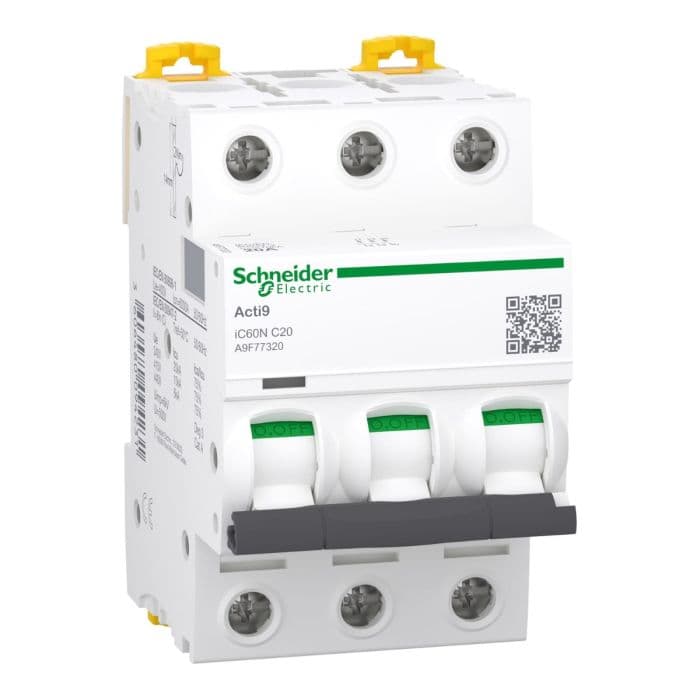 قاطع الدائرة المصغر من شنايدر إلكتريك، Acti9 iC60N، ثلاثي الأقطاب، 20 أمبير، منحنى C، 6000 أمبير