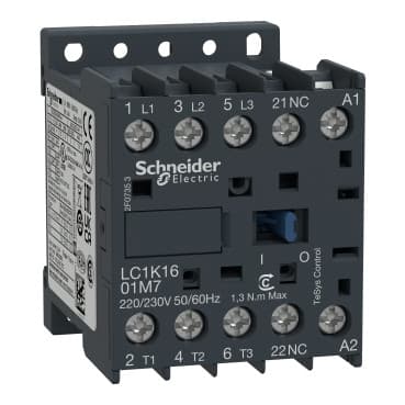 موصل شنايدر LC1K1601M7 | TeSys K – ثلاثي الأقطاب – تيار متردد 3 ≤ 440 فولت 16 أمبير – 1 مغلق عادةً مساعد – ملف تيار متردد 220…230 فولت